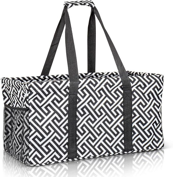 Extra Large Utility Tote Bag - Oversized Collapsible Reusable Wire Frame Rectangular Canvas Basket With Two Exterior Pockets For Beach, Pool, Laundry, Car Trunk, Storage - Geometrc Black by Lucazzi