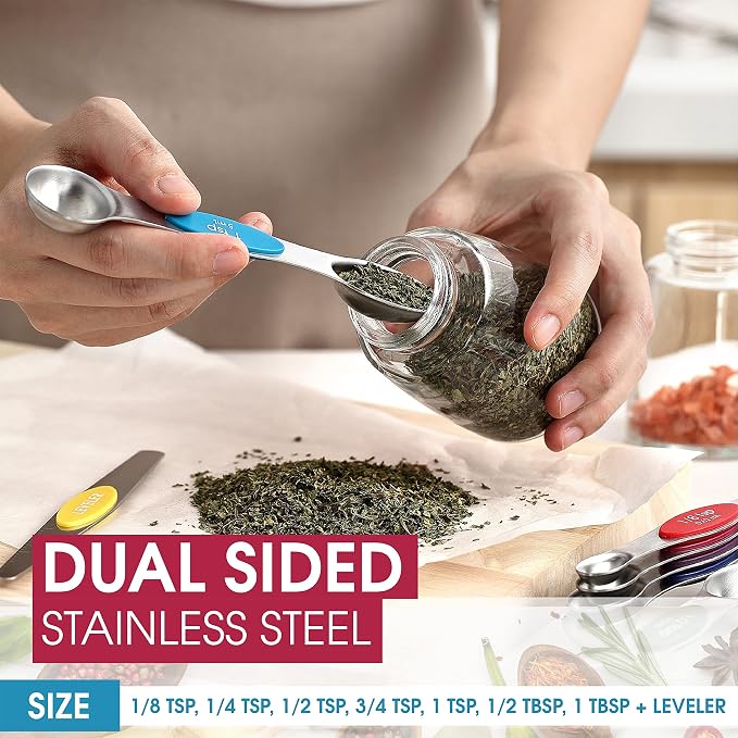 Spring Chef Stainless Steel 8 Magnetic Measuring Spoons, 2 Pack, Multicolor | Dual Sided Metal Teaspoon & Tablespoon Measuring Spoons with Leveler for Dry & Liquid Ingredients, Nesting, Dishwasher Safe - Image 3