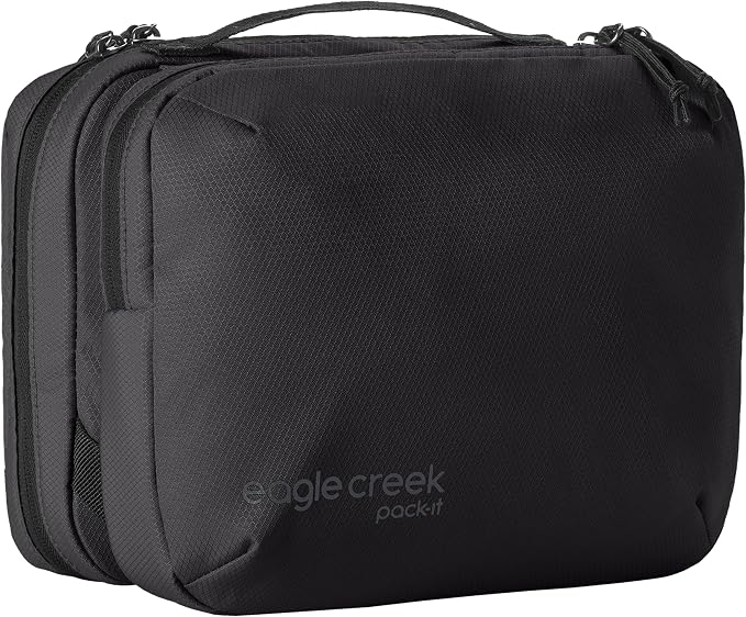 Eagle Creek Pack-It Trifold Toiletry Kit, Black | Dopp Kit Toiletry Organizer with Padded Interior, Durable Hanging Hook and Large Compartments, Water-Resistant and Washable by EagleCreek