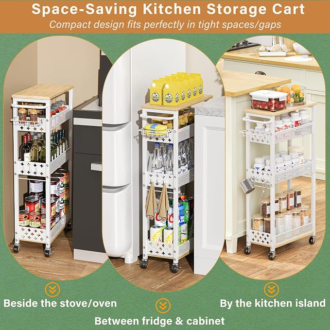 OKZEST Slim Laundry Room Organization Cart with Detergent Dispenser Holder | Holds tall bottles, Upgraded metal hub casters, 4-Tier space-saving narrow rolling cart, Premium wood & metal mesh shelves - Image 6