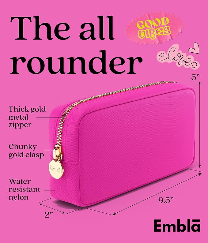 Embla Makeup Bag Travel Cosmetics Pouch and Toiletry Bag, Nylon Zipper Pouch Purse, Cute Make Up Organizer Storage Tote for Women Girls, Waterproof Travel Skincare Case, Small Makeup Bags, Fuchsia - Image 2