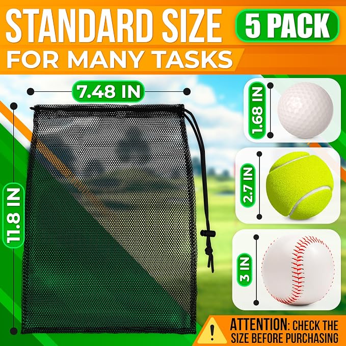 5 Pcs Small Mesh Bag Bulk, 11.8" x 7.48", Breathable Nylon (Black) | Reusable Small Mesh Bags Drawstring for Tennis, Golf, Travel, Beach, Sports Equipment, and Outdoor Activities; Tear-Resistant - Image 2