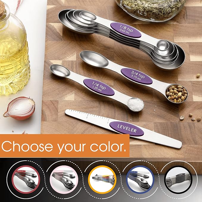 Spring Chef Stainless Steel Magnetic Measuring Spoons Set of 8, Purple | Metal Teaspoon & Tablespoon Measuring Spoons w/ Leveler for Dry & Liquid Ingredients, Measure Spoons for Baking & Cooking - Image 6