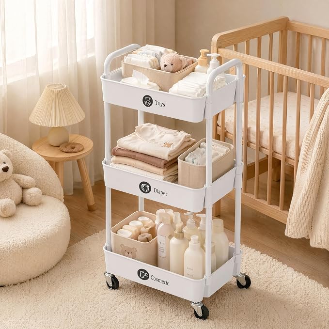 Laiensia 3-Tier Rolling Cart with Wheels,Multifunction Utility Storage Carts, Kitchen Storage Organizer,Mobile Shelving Unit for Bathroom,Laundry,with Classified Stickers,White - Image 6
