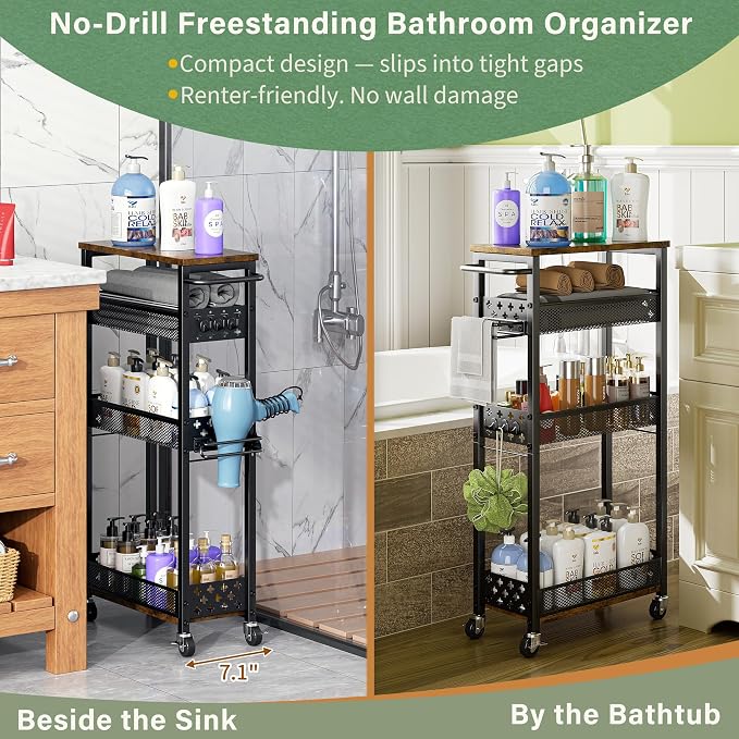 OKZEST Slim Bathroom Organizers and Storage Cart with Toilet Paper Holder | Upgraded metal hub casters, 4-Tier space-saving narrow rolling cart, Premium wood & metal mesh shelves, Holds tall bottles - Image 5