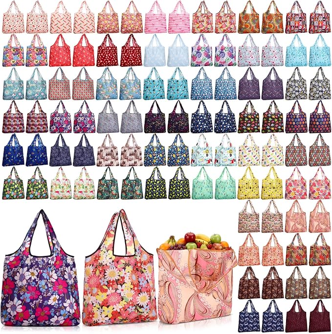 Tanlade Reusable Shopping Foldable Grocery Bags Bulk Large Tote Bags with Handle for Kitchen Supermarket Washable 50 Patterns by Tanlade