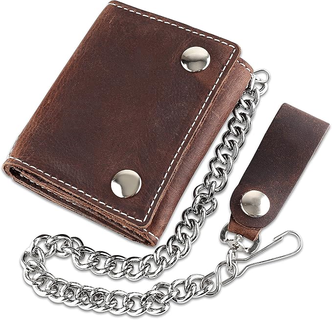 RFID Blocking Men's Tri-fold Vintage Biker Cowhide Leather Steel Chain Wallet,Snap closure, Made In USA,Antique crazy horse brown,dc315… by FLCLASSIC