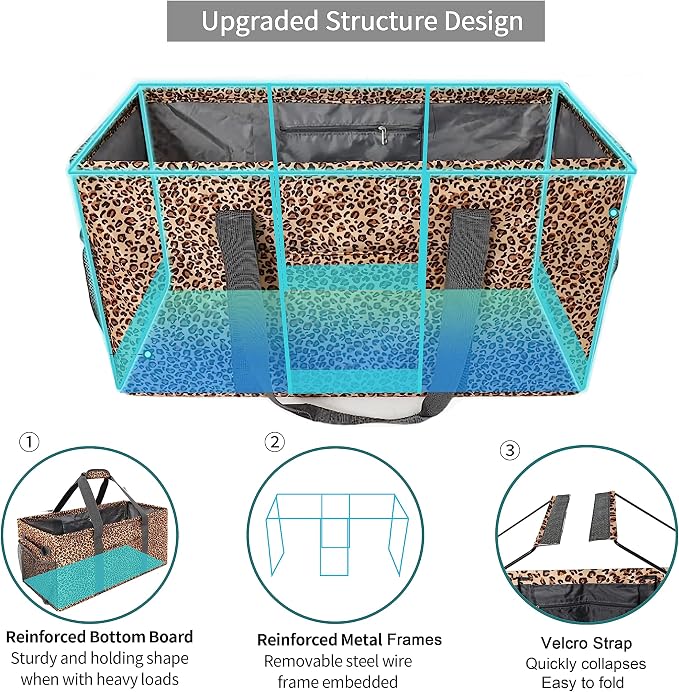 Joyfol Day Extra Large Utility Tote Bag, Reusable Grocery Bags Foldable,Upgraded Metal Frame, With Sturdy Handles Reinforced Bottom Heavy Duty Oxford Fabric Moving Shopping Bags, Leopard Brown - Image 3