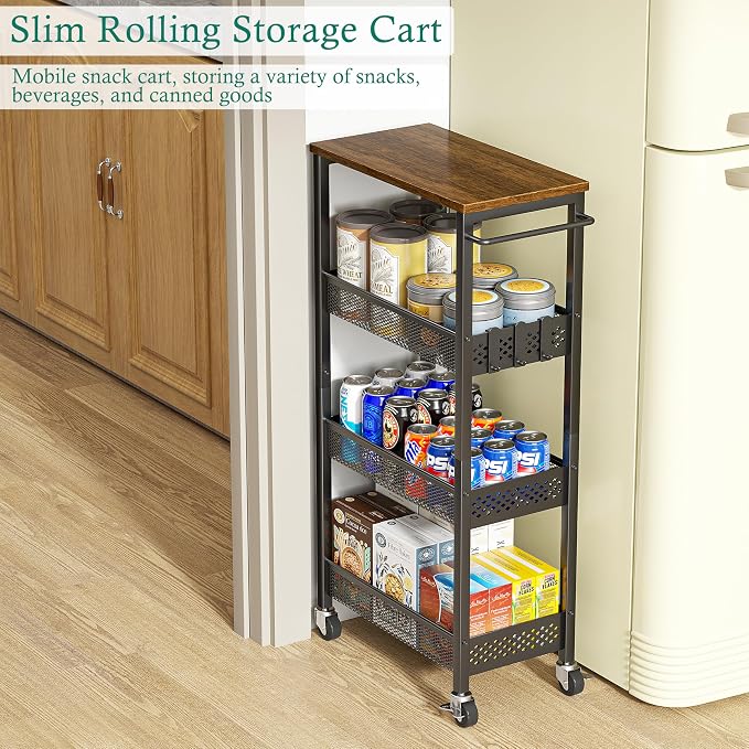 XYZLVSI Slim Rolling Storage Cart, 4 Tier Small Bathroom Cart Organizer | 9.1" W narrow storage cabinet with wooden top and metal handle, ideal for kitchen/dorm, between washer and dryer storage - Image 4