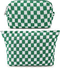 SOIDRAM 2 Pieces Makeup Bag Large Checkered Cosmetic Bag Capacity Canvas Mix Travel Toiletry Bag Organizer Cute Makeup Brushes Aesthetic Accessories Storage Bag for Women, Checkered Mix Green by SOIDRAM