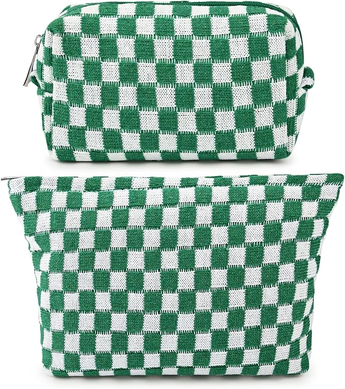 SOIDRAM 2 Pieces Makeup Bag Large Checkered Cosmetic Bag Capacity Canvas Mix Travel Toiletry Bag Organizer Cute Makeup Brushes Aesthetic Accessories Storage Bag for Women, Checkered Mix Green by SOIDRAM