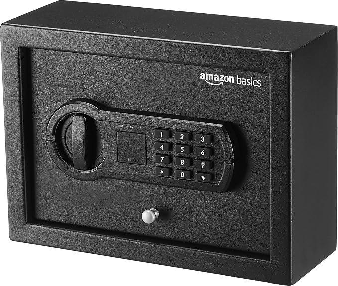 Amazon Basics Small Slim Desk Drawer Security Safe with Programmable Electronic Keypad, Secure Quick Access, 0.1 Cubic Feet, Black, 11.8"W x 8.6"D x 4.4"H by AmazonBasics