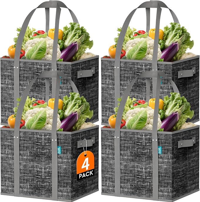 Fab totes Reusable Grocery Bags, Large Foldable Shopping Tote Bags with Reinforced Handles & Hard Bottom,4 Pack,Black by Fabtotes