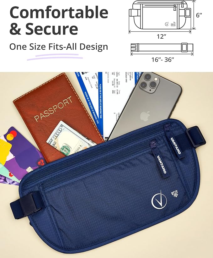 Vantamo Money Belt with RFID For Men & Women, Hidden Passport Holder for Travel, 2 Compartment Travel Fanny Pack for Women Anti Theft - Image 4