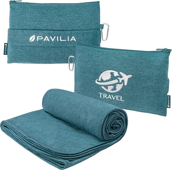 PAVILIA Travel Blanket Airplane Compact with Bag, Small Travel Pillow Blanket Long Flights, Lightweight Plane Blanket with Luggage Strap, Camping Blanket for Traveler Essentials, Teal Blue, 65x40 by PAVILIA