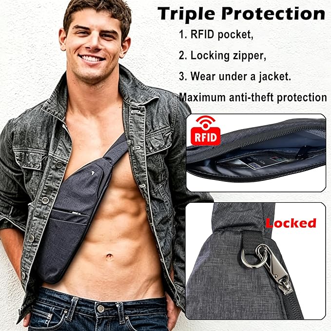 Slim Anti Theft Sling Bag Small Travel Pack Pickpocket Proof Crossbody Bag | Anti Theft One Shoulder Bag Flat Anti Pickpocket Bag Travel Pouch Passport Bag Secure Purses for Men Women lightweight - Image 2