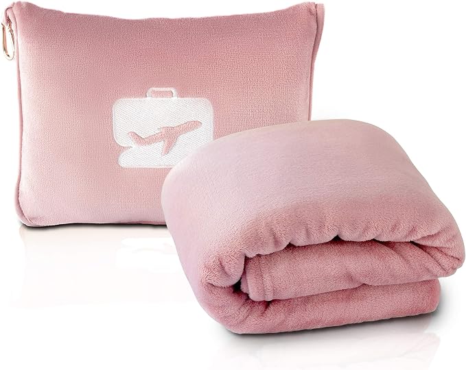 EverSnug Travel Blanket and Pillow - Premium Soft 2 in 1 Airplane Blanket with Soft Bag Pillowcase, Hand Luggage Sleeve and Backpack Clip (Light Pink) by EverSnug
