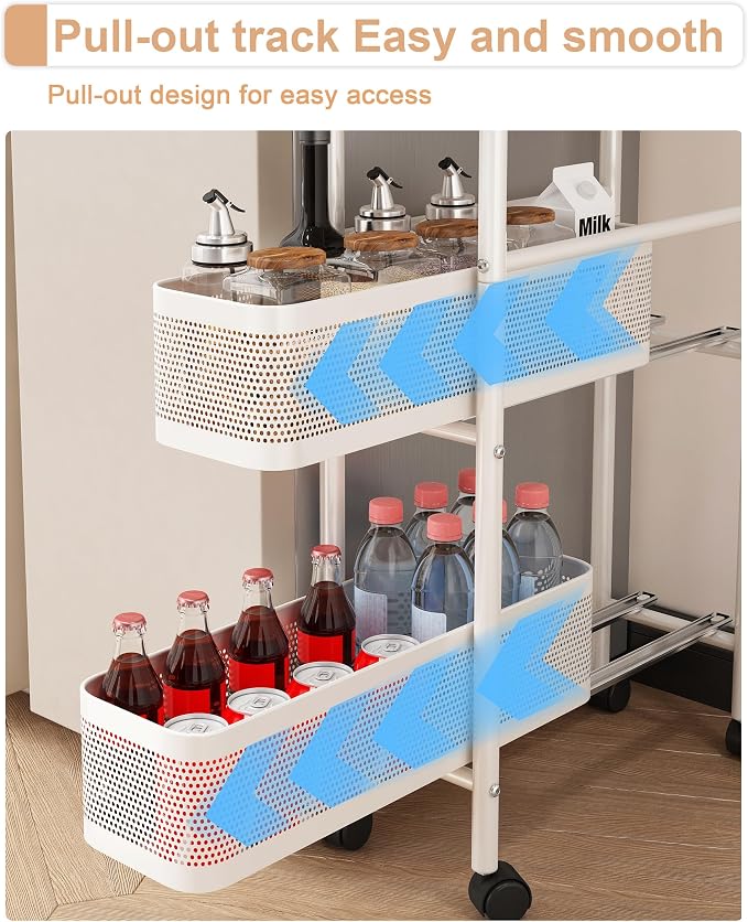 UMDONX 5-Tier Narrow Mobile Storage Cart with Pull-Out Baskets | The Multifunctional Pull-out Storage Rack Is Suitable for Bathrooms, Kitchens, and Laundry Rooms - Image 4