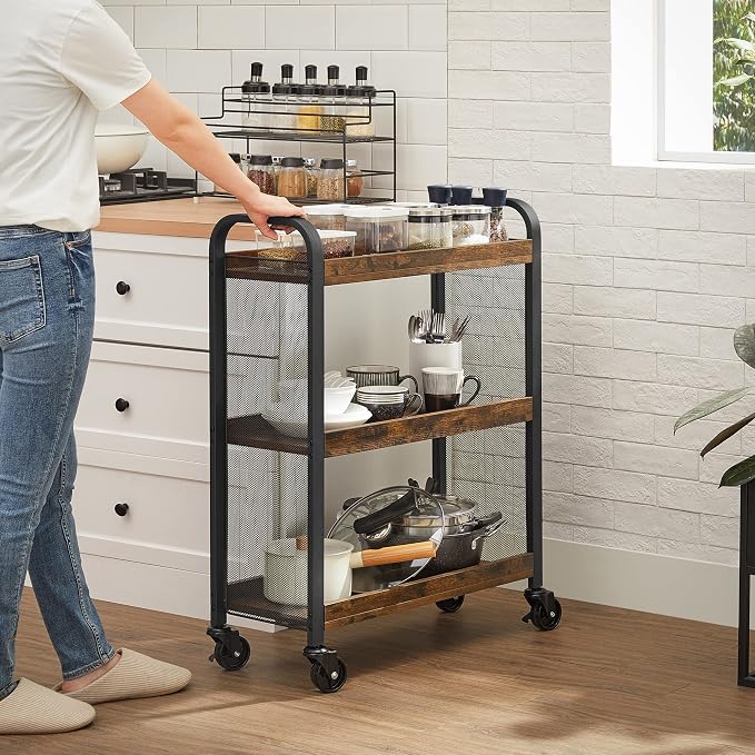 VASAGLE 3-Tier Narrow Storage Cart, Rolling Cart with Wheels, Steel Frame | Slim Storage Cart for Kitchen, Adjustable Feet, Traditional Basic Style, Rustic Brown and Black, DACEY Collection ULRC66BX - Image 8