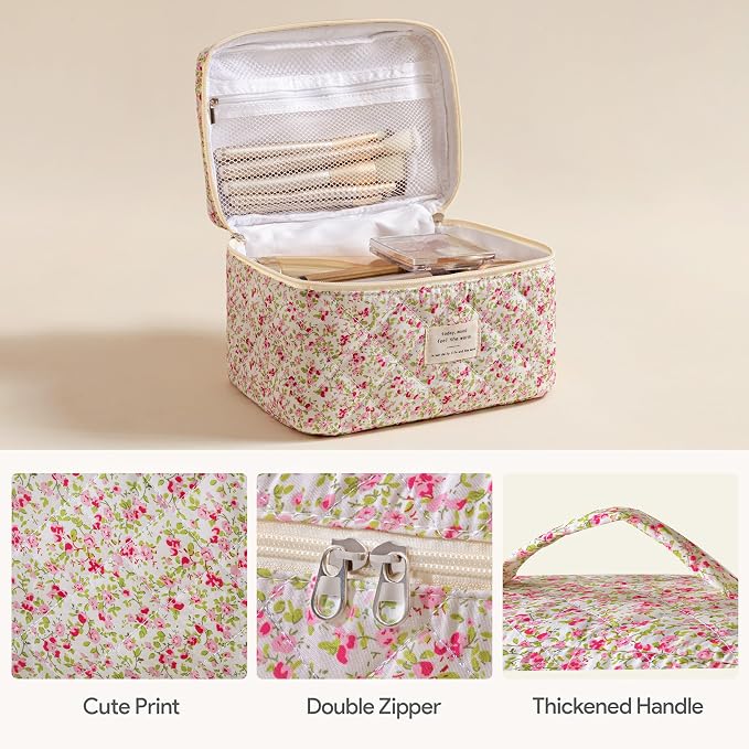 HBselect Quilted Makeup Bag, 3Pcs Cotton Large Travel Makeup Bags Organizer | Cute Floral Make up Bag Cosmetic Bag Toiletry Bag for Women Girls, Makeup Pouch for Skincare, Brushes & Travel Essentials - Image 2