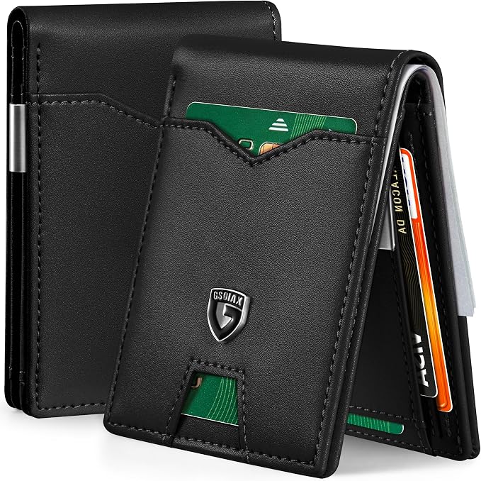 GSOIAX Slim Wallet for Men Rfid Blocking Leather Bifold Front Pocket Carbon Fiber Men's Money Clips Credit Card Holder With Gift Box (Black money clip) by GSOIAX