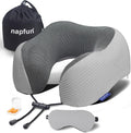 napfun Neck Pillow for Travel with Travel Pouch, Sleep Mask & Earplugs, Memory Foam Airplane Pillow for Headrest Sleep with Eyeshades, Plane Essentials with Eye Blindfold, Light Gray Striped Kit by NAPFUN