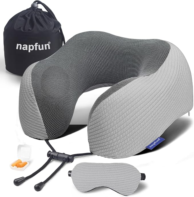 napfun Neck Pillow for Travel with Travel Pouch, Sleep Mask & Earplugs, Memory Foam Airplane Pillow for Headrest Sleep with Eyeshades, Plane Essentials with Eye Blindfold, Light Gray Striped Kit by NAPFUN