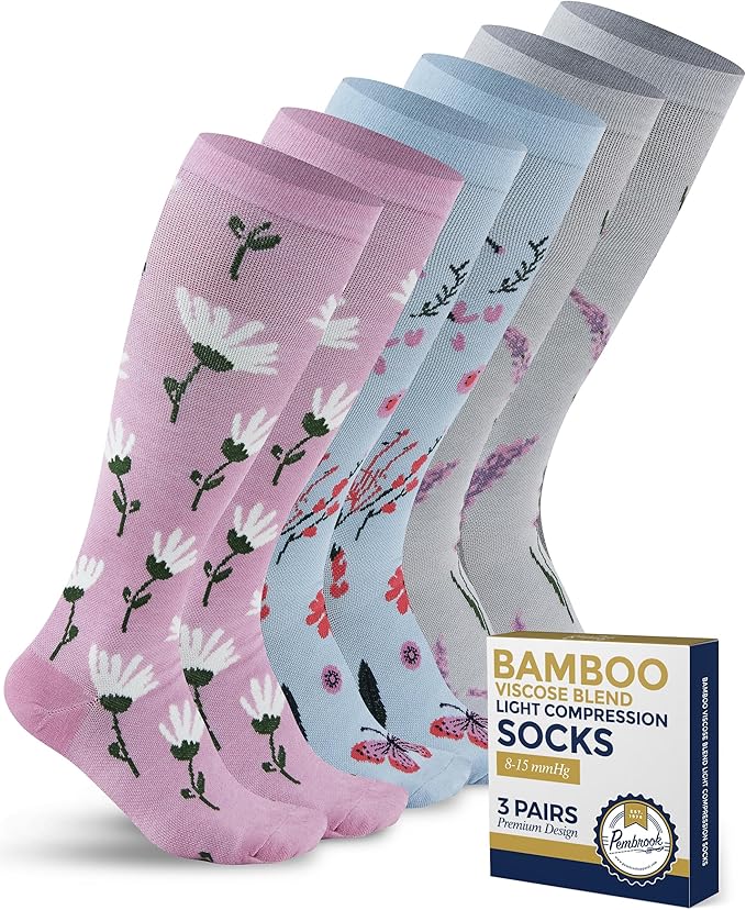 Pembrook® Bamboo Viscose Light Compression Socks - 3 Pairs | 8-15 mmhg Compression Socks | Knee High Comfort Support Socks by Pembrook