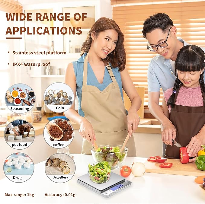 Digital Gram Scale 1000g/0.01g, Scale for Food Ounces and Grams, Upgrade USB Charging Kitchen Scale Digital Weight for Cooking, Baking, Tare Function, 9 Units, 2 Tray - Image 6