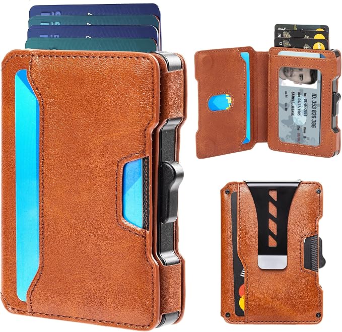 Wallet for Men, RFID Blocking Slim Mens Wallet with Money Clip | Minimalist Pop Up Card Case, ID Window, 9-11 Cards Capacity, Bifold Leather Front Pocket Wallet with Gift Box（Brown） by Airzoo