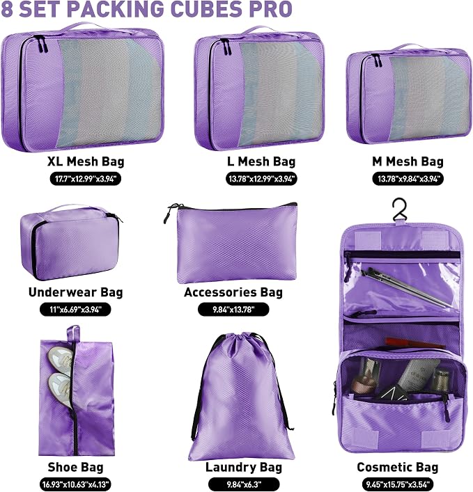 Toncoke 8-Piece Packing Cubes for Travel, 2026 Upgraded Durable Zippers & Reinforced Mesh, Complete Luggage Organizer Set with Shoe/Toiletry/Laundry Bags, 4 Sizes for Suitcase, Men Women, (Purple) - Image 2