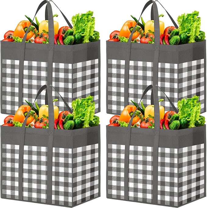 WOWBOX Reusable Grocery Bags, Foldable Reusable Shopping Tote Bags | 4-Pack Large Storage Bags bulk with Reinforced Handles and Water Resistant Coating for Groceries,Multipurpose,Grey-White by WOWBOX