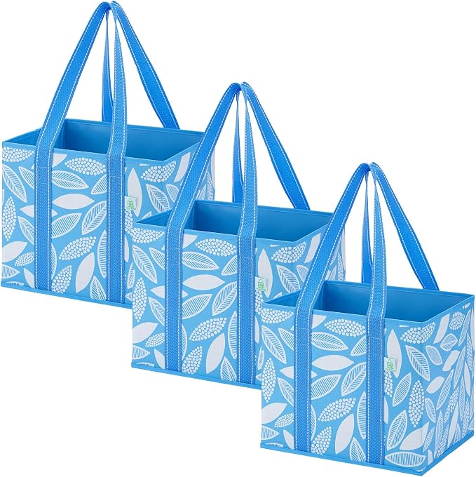 VENO 3 Pack Heavy Duty Reusable Grocery Shopping Bags Utility Tote | Water Resistant, Storage Box with Sturdy Handles & Hard Bottom, Foldable for Groceries Shopping Cart(Spring Breeze, 6 Gallon) by Veno
