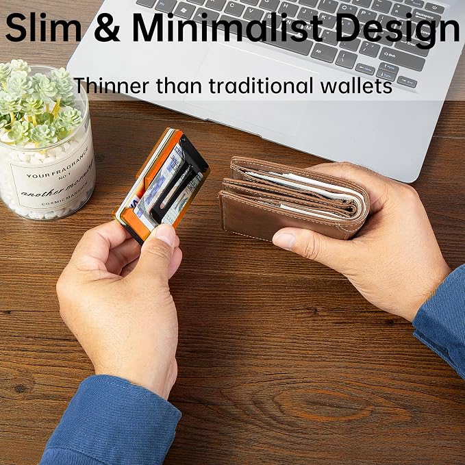 Minimalist Wallet for Men, Slim Metal RFID Blocking Wallet Credit Card Holder Money Clip & Cash Strap, Scratch-Resistant Holds 15 Cards,Ideal Gift for Men | Matte Orange - Image 4