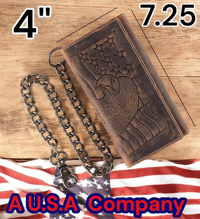 F&L CLASSIC RFID Blocking Mens Tri-fold Long Style Cowhide Leather Steel Chain Wallet,brown eagle/flag,212-101 - Image 2