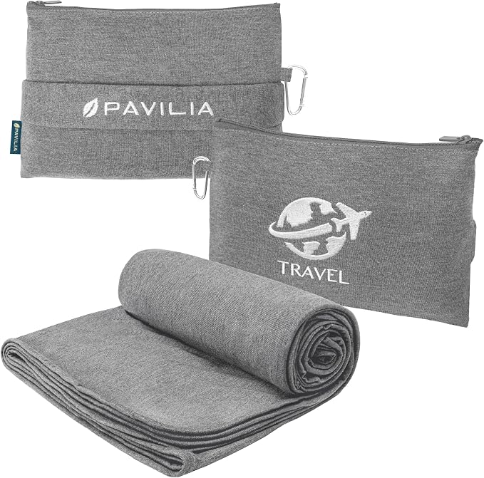 PAVILIA Soft Travel Blanket, Compact Airplane Blanket in Bag, Portable Blanket Pillow Set, Lightweight and Packable Plane Flight Car Trips Travel Home Office Gift Accessories, Gray, 65x40 inches by PAVILIA