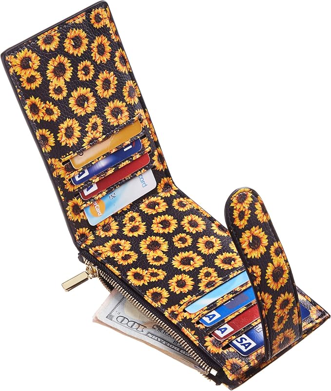 Chelmon Women's RFID Slim Card Holder Wallet | Thin Bifold Multi Card Case with Zipper Coin Pocket Purse for Women(Sunflower) - Image 7