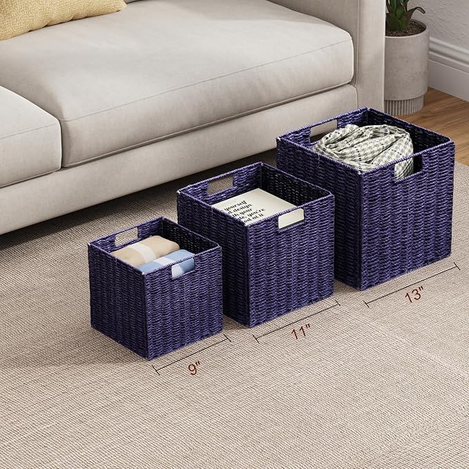 Wicker Storage Basket, Set of 2 Hand-Woven Wicker Basket, 11 inch Storage Basket, Foldable Cube Storage Organizer Bins, Storage Baskets for Organizing Shelves Decor, Purple (11″×11″×11″) - Image 7