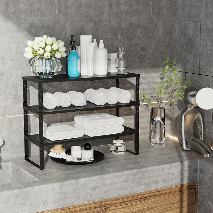 Jojocross Expandable Adjustable Stackable Kitchen Organizer, Spice Rack,Metal Pantry Storage Shelves Racks,Counter Shelf for Cabinets, Countertop, Cupboard (3 Packs/Medium/Black) - Image 4