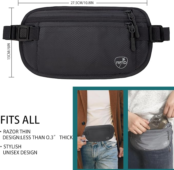 Money Belt, Hidden Travel Wallet for Passport, RFID Blocking Passport Pouch, Passport Holder for Travel, Undercover Fanny Pack(Black) - Image 2