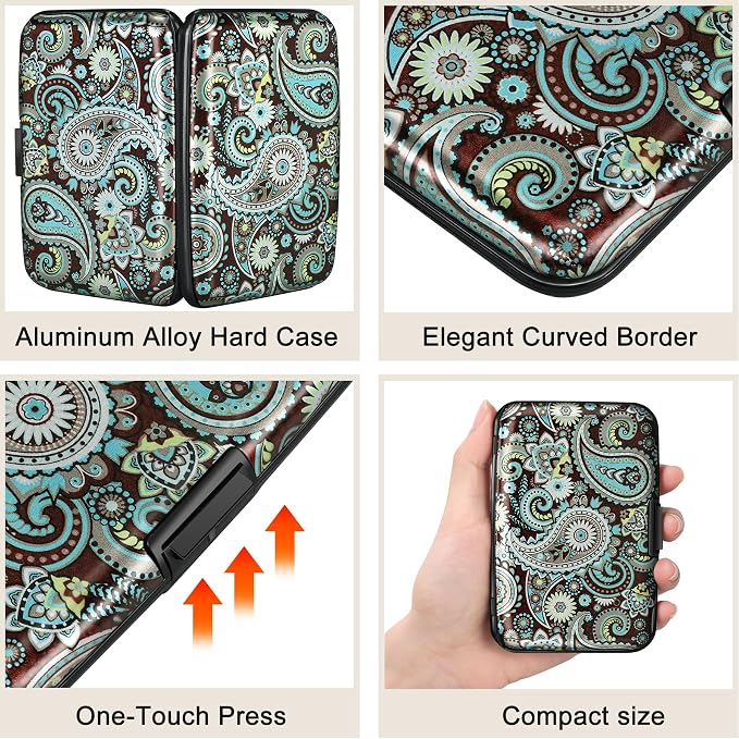 Mini RFID Aluminum Wallet Credit Cards Holder Business Card Case Metal ID Case for Men Women (Blue flower) - Image 3