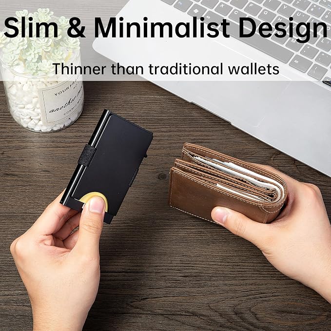 Slim Card Holder Wallet for Men, Minimalist RFID Blocking Pop Up Wallet, Smart Metal Business Card Case Holds 12 Cards, Money Clip, Front Pocket Wallet, Gifts for Men - Image 3