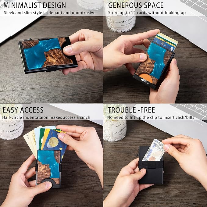 Slim Card Holder Wallet for Men, Minimalist RFID Blocking Pop Up Wallet, Smart Metal Business Card Case Holds 12 Cards, Money Clip, Front Pocket Wallet, Gifts for Men - Image 4