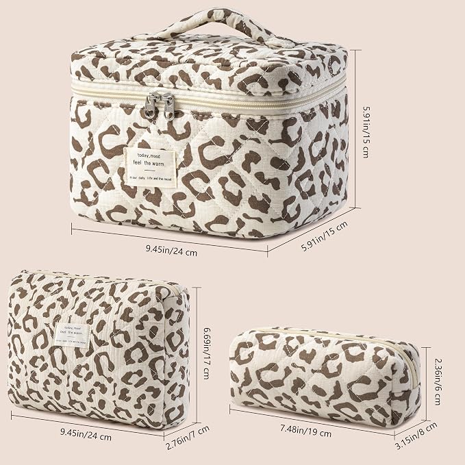 HBselect Quilted Makeup Bag, 3Pcs Cotton Large Travel Makeup Bags Organizer | Cute Floral Make up Bag Cosmetic Bag Toiletry Bag for Women Girls, Makeup Pouch for Skincare, Brushes & Travel Essentials - Image 5