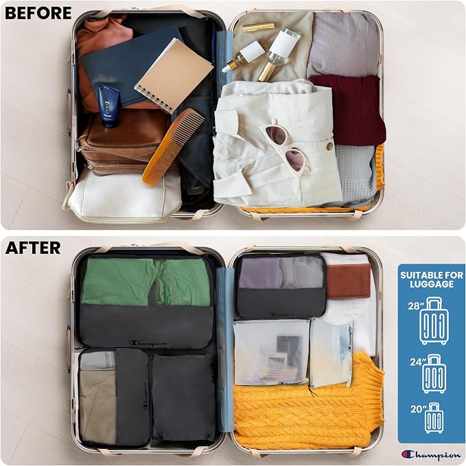 Champion Packing Cubes for Travel - 6 Piece Organizer Set, Carry-On Ready | Breathable mesh, sturdy handles; 3 cubes, 1 laundry bag, 2 zip pouches; zipper closure; fits carry-on and full-size suitcases - Image 3