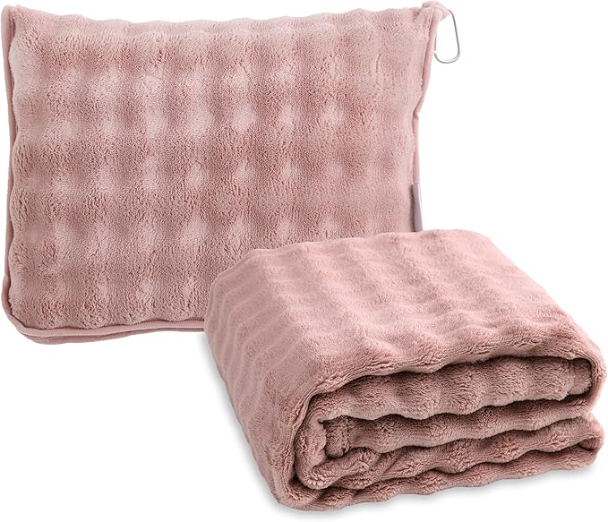 Soft Cozy Travel Blanket for Airplane Train and Car, Dusty Pink | Lightweight, Blanket or Pillow 2 in 1, Compact with Portable Bag Pillowcase, with Luggage Sleeve and Backpack Clip by SOCHOW