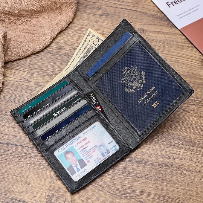 Polare Leather AirTag Passport Holder RFID Blocking Travel Bifold Wallet | Luxury Napa Cowhide Leather, AirTag Slot, Vintage Passport Cover Case, International Travel Wallet, Black - Image 8