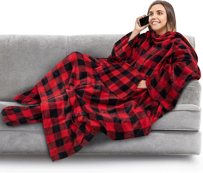 PAVILIA Fleece Blanket with Sleeves, Foot Pockets for Women Men Adults, Plush Wearable Blanket Throw Wrap, Warm Snuggle Blanket Robe, Cozy Gift Ideas Wife Mom, Checkered Red by PAVILIA