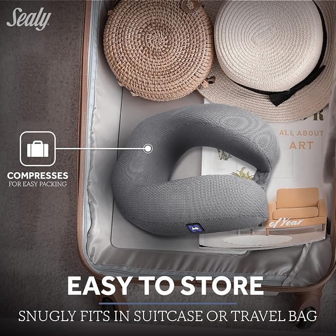 Sealy Ergonomic Memory Foam Travel Neck Pillow - Premium Cervical Neck Pillow for Airplanes, Designed for Comfort, Adaptive Ergonomic Support, Travel Essentials, Grey - Image 3