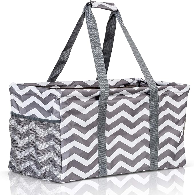 Extra Large Utility Tote Bag - Oversized Collapsible Reusable Wire Frame Rectangular Canvas Basket With Two Exterior Pockets For Beach, Pool, Laundry, Car Trunk, Storage - Chevron Gray by Lucazzi